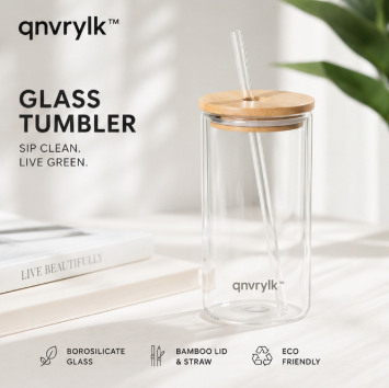 qnvrylk™ Borosilicate Glass Tumbler with Bamboo Lid & Straw – Iced Coffee Cup, Smoothie Glass, Reusable Drinkware