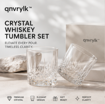 qnvrylk™ Crystal Whiskey Tumbler Set – Premium Scotch Glasses, Bourbon Drinking Glass Collection